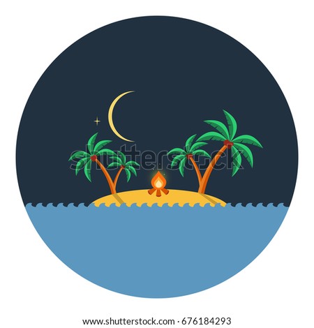 Island camp. Flat vector illustration depicting an isolated island somewhere in the ocean.