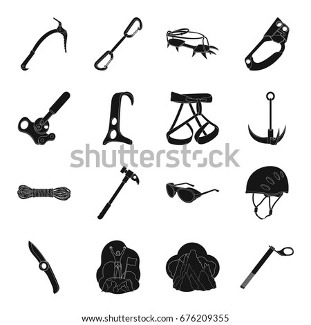 Ice ax, conquered top, mountains in the clouds and other equipment for mountaineering.Mountaineering set collection icons in black style vector symbol stock illustration web.