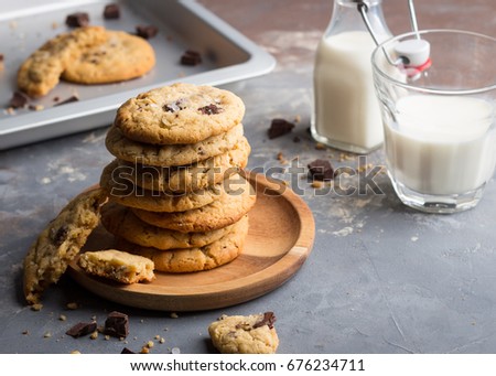 Homemade peanut butter cookies with chocolate chunks served with bottle of milk on concrete background