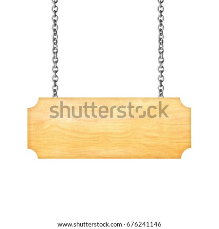 Wooden sign hanging on a chain isolated on white  background