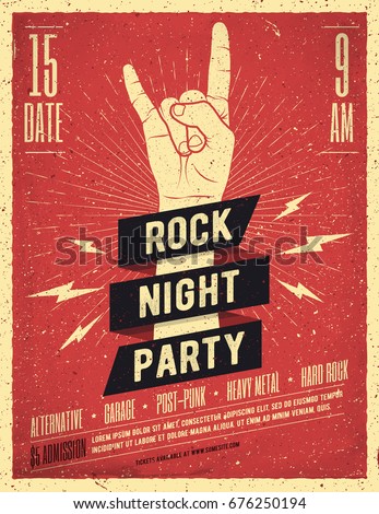 Rock Night Party Poster. Flyer. Vintage Styled Vector Illustration.  Royalty-Free Stock Photo #676250194