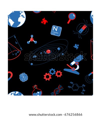 Pattern with science icons on the black background