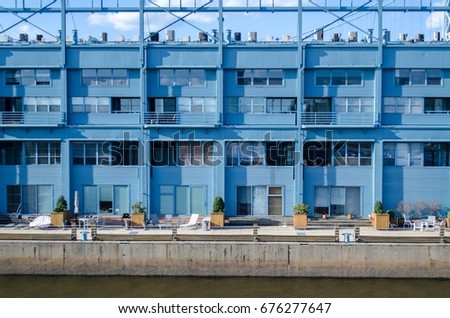 Blue metal building facade