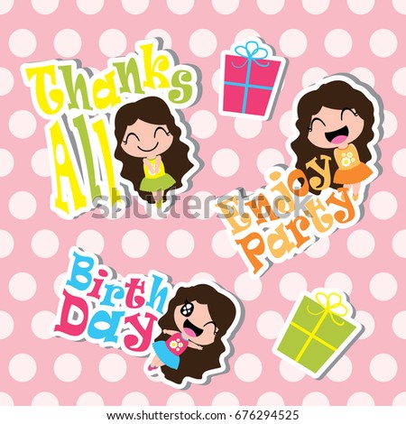 Birthday Sticker set with cute girls and birthday gifts on polka dot background vector cartoon for kid sticker set and clip art 