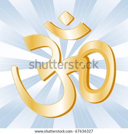 Hinduism Symbol, Golden Aumkar icon of Hindu faith on a sky blue background with rays. EPS8 compatible.