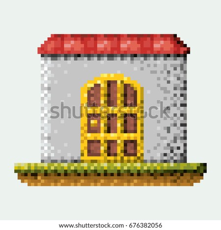 color pixelated house in meadow vector illustration