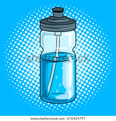 Sports bottle with water pop art retro raster illustration. Comic book style imitation.