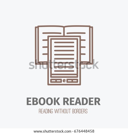 Illustration of thin lined ebook reader. Vector isolated outlined logo sign of digital book in front view.
