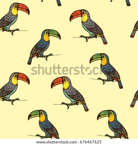 Colorful seamless pattern with cartoon toucans on a yellow background. Vector illustration. Wallpaper with exotic bird.