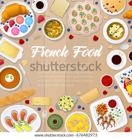 French Cuisine Menu Template with Soups, Bakery and Cheese. Traditional Food France. Vector illustration