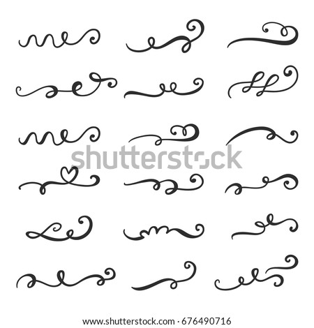 Vector flourishes, swirls, curls and scrolls  set. Calligraphic design elements. Hand drawn ink vintage decoration for wedding invitation, romantic gift card, menu.