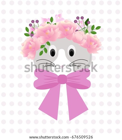 Cute kitten design with summer flowers and bow. Vector illustration cartoon character