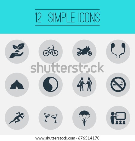 Vector Illustration Set Of Simple Yoga Icons. Elements Education, Cigarette Forbidden, Celebration And Other Synonyms Headphones, Smoking And Parachuting.