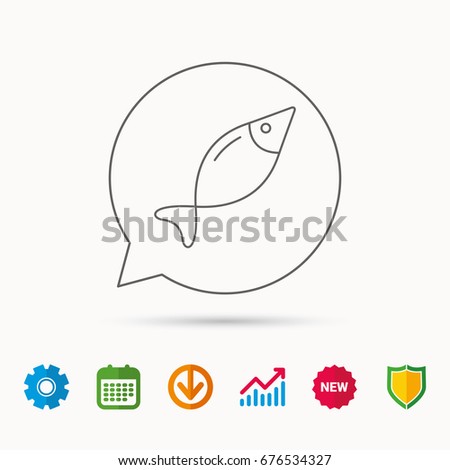 Fish icon. Fishing sign. Natural seafood symbol. Calendar, Graph chart and Cogwheel signs. Download and Shield web icons. Vector