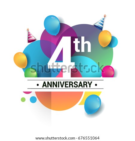 4th years anniversary logo, vector design birthday celebration with colorful geometric, Circles and balloons isolated on white background.