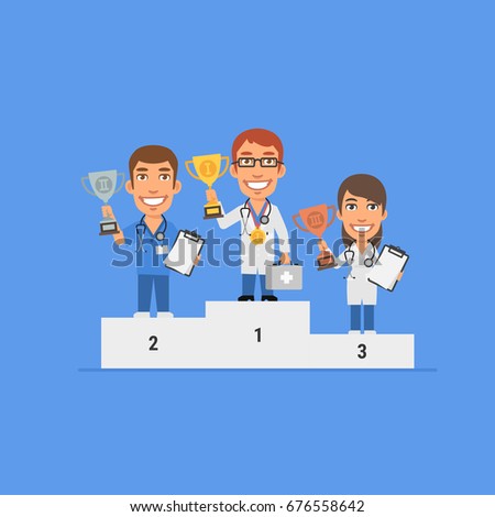 Three doctors holding cup stand on pedestal and smiling. Vector illustration. Mascot character.