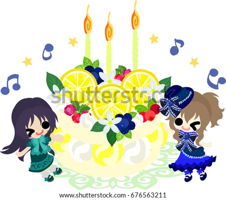 The illustration of a birthday cake of lemons and two cute little girls