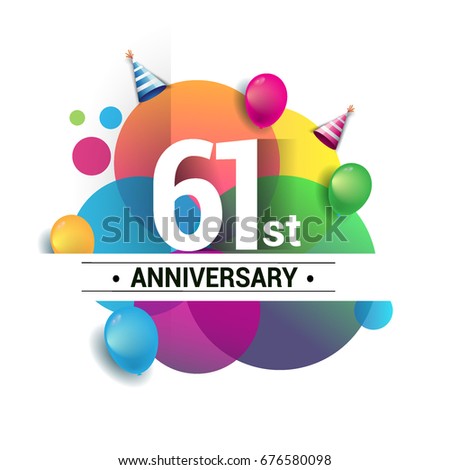 61st years anniversary logo, vector design birthday celebration with colorful geometric, Circles and balloons isolated on white background.