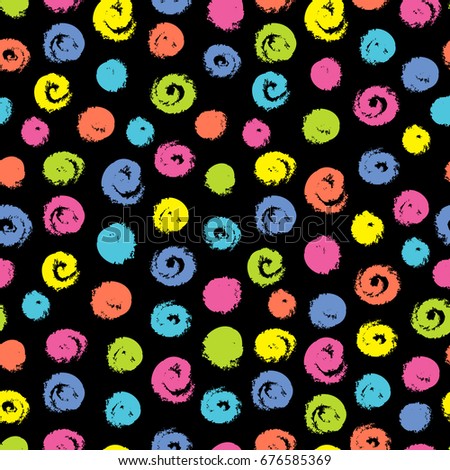 Vector colorful grunge dots on black background. Seamless pattern