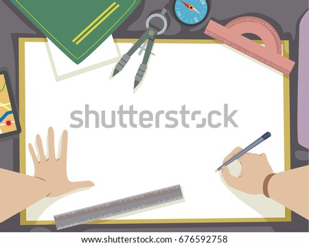 Illustration Featuring a Cartographer With Map Drawing Tools Scattered Across His Table Royalty-Free Stock Photo #676592758
