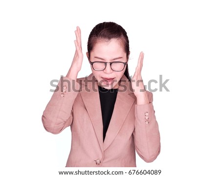 asian businesswoman wearing glasses and brown suit Do stressful gestures