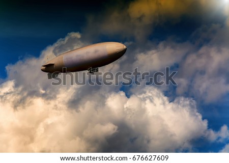 Airship, zeppelin against blue sky with dark clouds. Royalty-Free Stock Photo #676627609