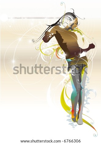 futuristic dancing girl,floral ornaments,vector