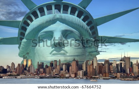 photo new york city skyline with statue liberty