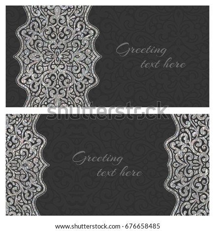 Set of elegant lace greeting silver vintage cards with graceful ornament. Design element for wedding invitation or announcement template, banner, postcard, save the date card. Vector illustration.