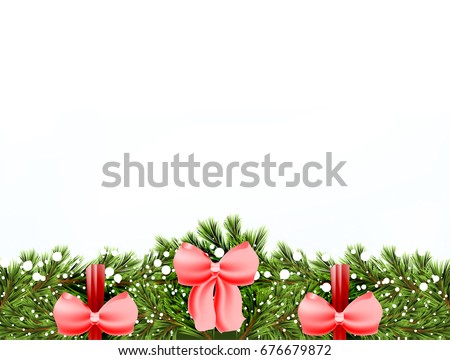 Template on white background with branch.Christmas tree decorated with snow, ribbons and a bow. Vector illustration of a festive unpainted wreath. Eps 10