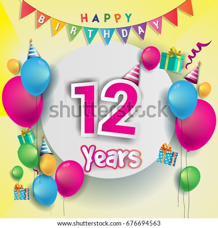12th years Anniversary Celebration, birthday card or greeting card design with gift box and balloons, Colorful vector elements for the celebration party of twelve years anniversary.