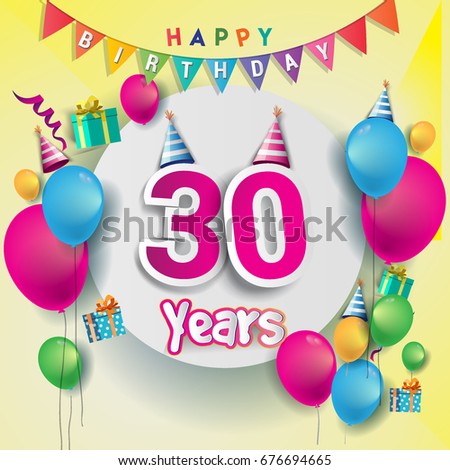 30th years Anniversary Celebration,birthday card or greeting card design with gift box and balloons, Colorful vector elements for the celebration party of thirty years anniversary.