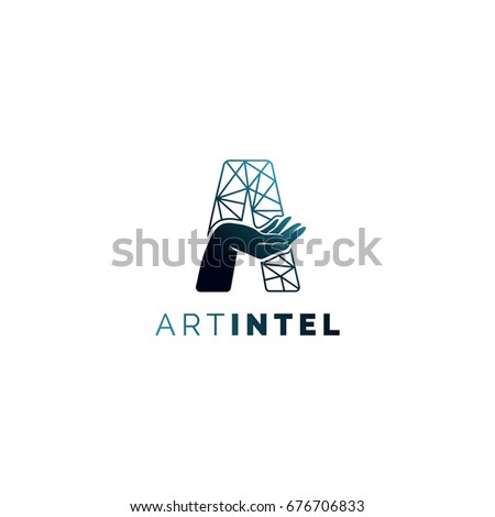 Abstract techno logo with hand in A letter. Futuristic symbol