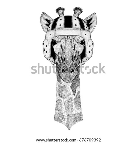 Camelopard, giraffeWild animal wearing rugby helmet Sport illustration
