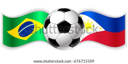 Brazilian and Filipino wavy flags with football ball. Brazil combined with Philippines isolated on white. Football match or international sport competition concept.
