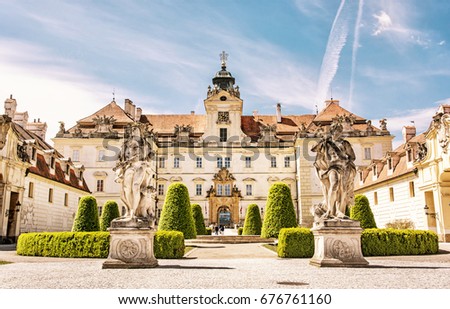 Valtice contains one of the most impressive baroque residences of central Europe. Architectural scene. Travel destination. Yellow photo filter. Royalty-Free Stock Photo #676761160