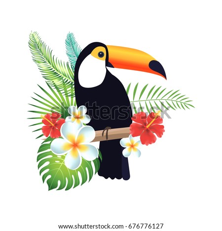 Toucan on a white background with exotic leaves and flowers. Vector illustration