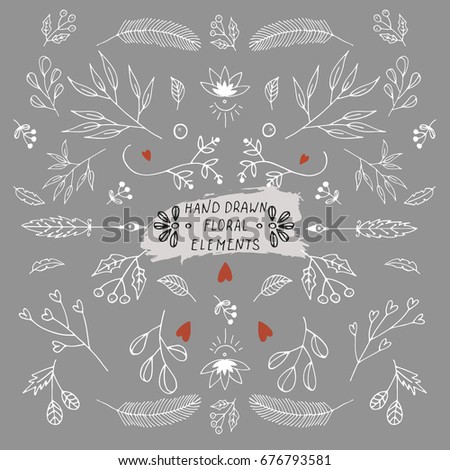 Cute hand drawn floral set. Unique vector botanical collection of brunch, leaf and flower with handdrawn effect.