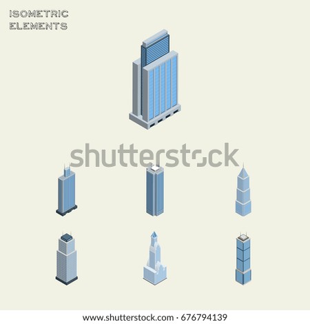 Isometric Skyscraper Set Of Exterior, Tower, Business Center And Other Vector Objects. Also Includes Exterior, Skyscraper, Urban Elements.