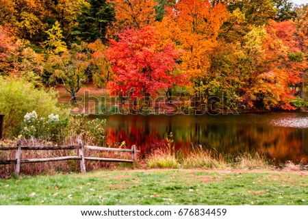 Fall scene with fence and lake