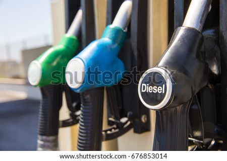 Fuel pumps. Diesel and the others. Close up. Royalty-Free Stock Photo #676853014