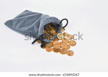 Business and finance concept. Money bag with coins on a white background.Selective focus. 