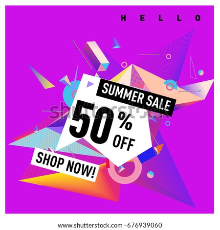 Summer sale geometric style web banner. Fashion and travel discount. Vector holiday Abstract colorful illustration with special offers and promotions.