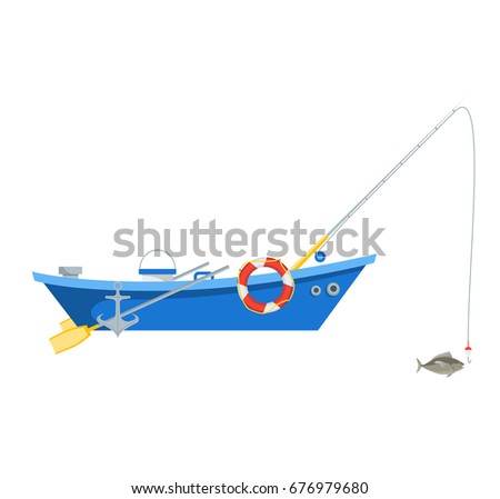 Cartoon Fishing Boat Isolated on White Background for Card Flat Design Style. Vector illustration