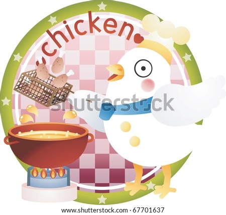 Delicious Fried Chicken and a Funny Chef - on white background with green circle frame and check pattern : vector illustration