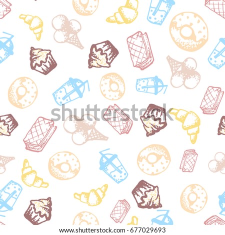 Food hand-drawn sketch line icons seamless pattern with ice cream, juice, donut, croissant on white background. Vector illustrations