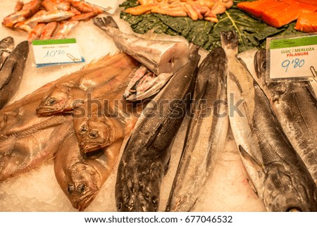 Fresh seafoods at the market in Barcelona. Spain