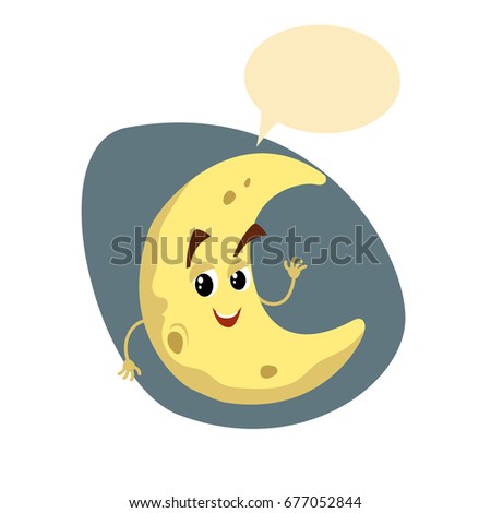 Cartoon smiling crescent mascot. Weather and kid bedroom symbol. Moon speaking character with dummy speech bubble and little clouds. Vector illustration icon.