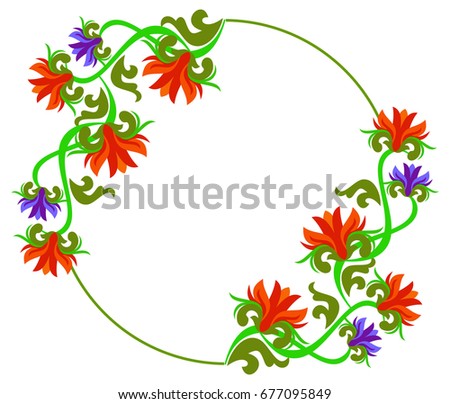 Round decorative frame with abstract beautiful flowers. Vector clip art.