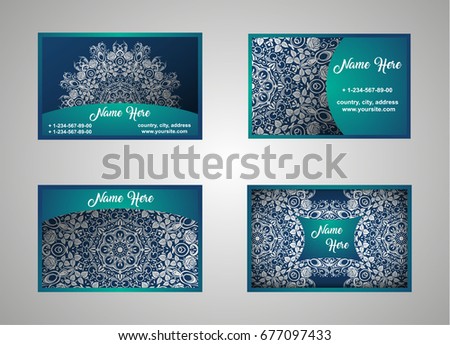 Vector vintage set of business cards. Floral mandala pattern and decoration. The layout of the Oriental style. Islam, Arabic, Indian, Ottoman motifs. Home page and page back. EPS 10
